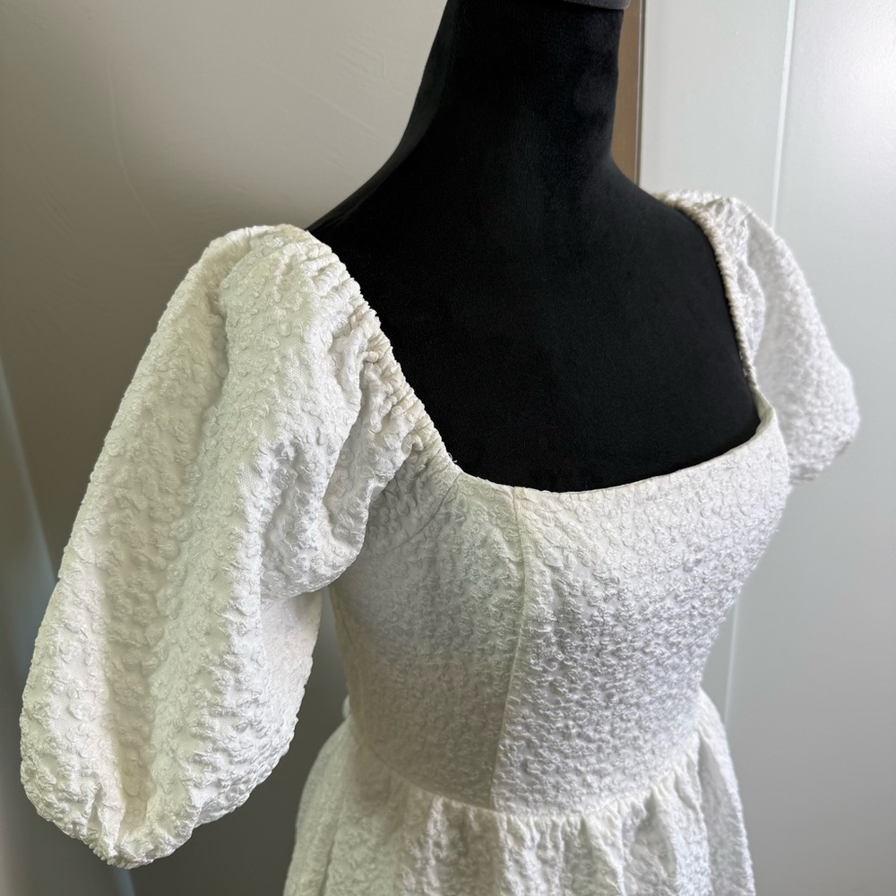 Lulus Puff Sleeve Midi Dress Floral Textured Corset Tie Back Stretch Bridal M - Picture 3 of 11